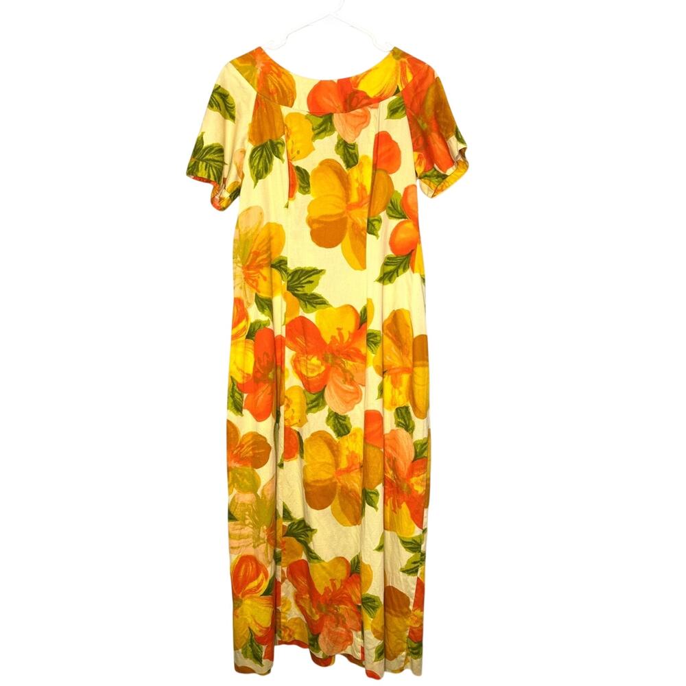 Alice Polynesian Vintage 1960s Orange Floral Barkcloth Maxi Dress w/ Back Drape